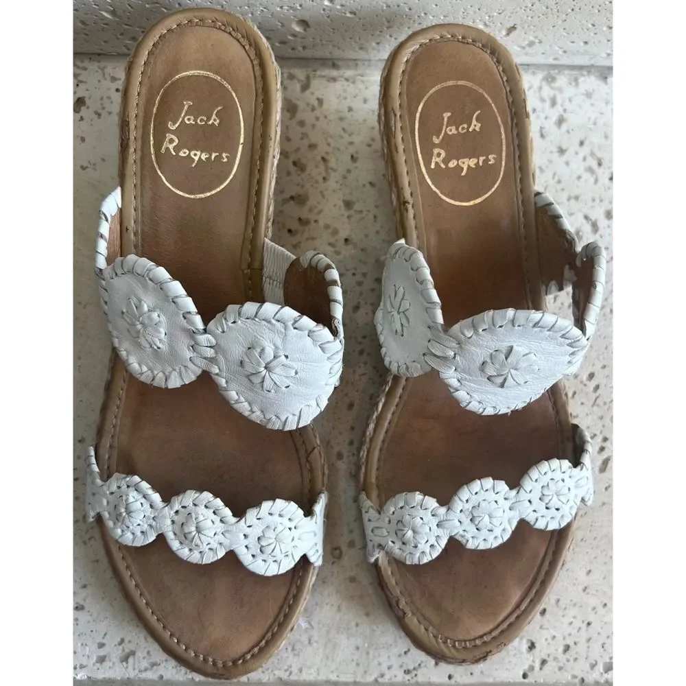 Jack Rogers Shelby White Leather Wedge Espadrille Slip On Sandals Size 8…